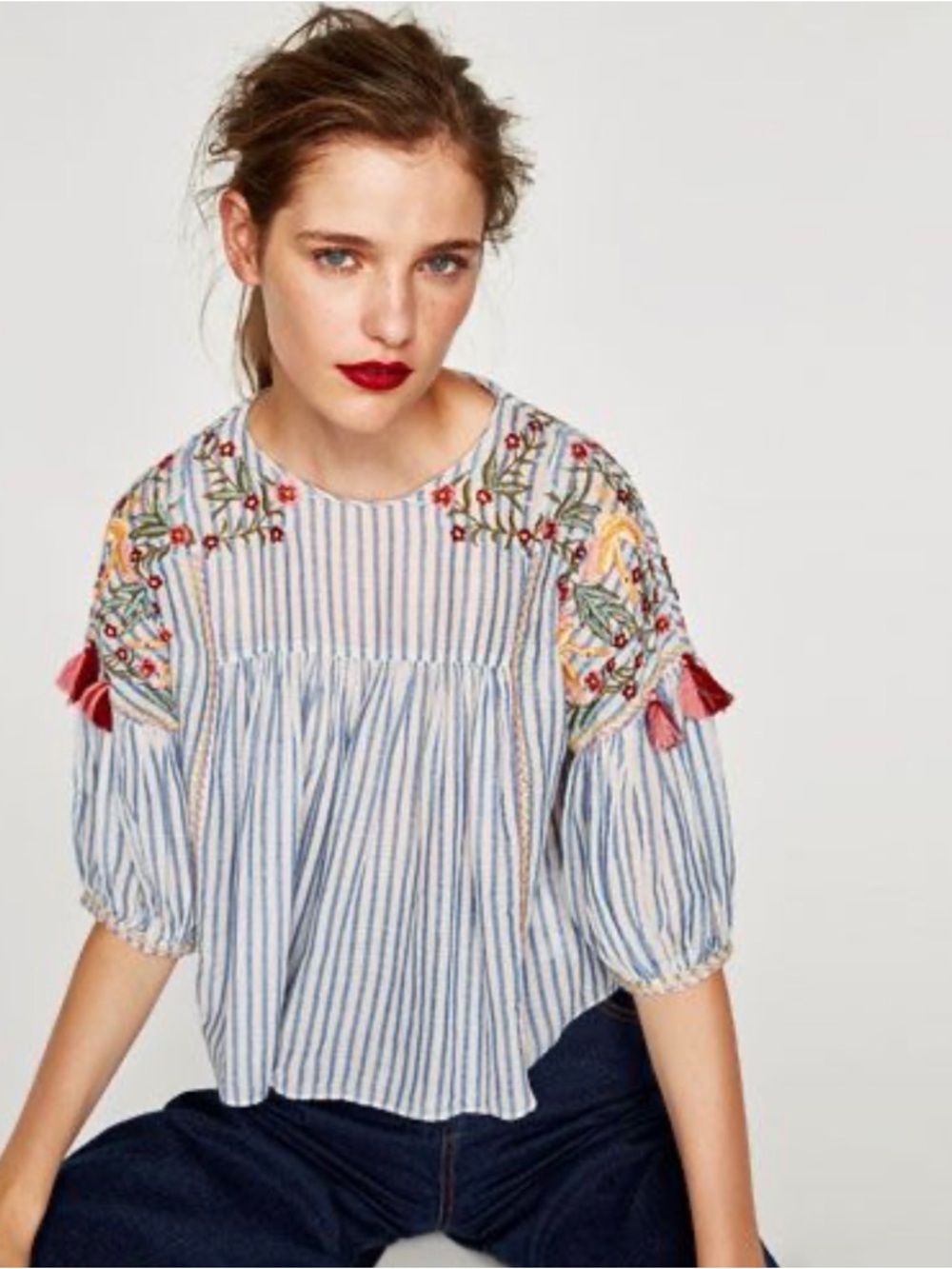 For The Republic Blue & White Striped Embroidered Puff-Sleeve Top
